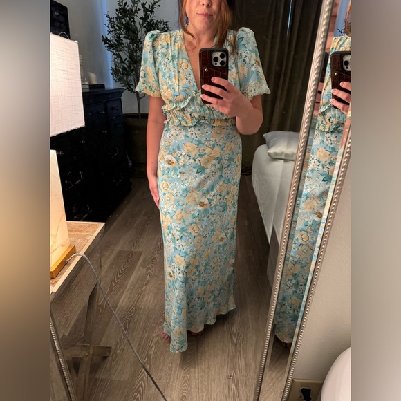 NWOT ASTR THE LABEL ESPERANZA FLORAL PUFF MIDI DRESS - BLUE PEACH FLORAL - Picture 7 of 7